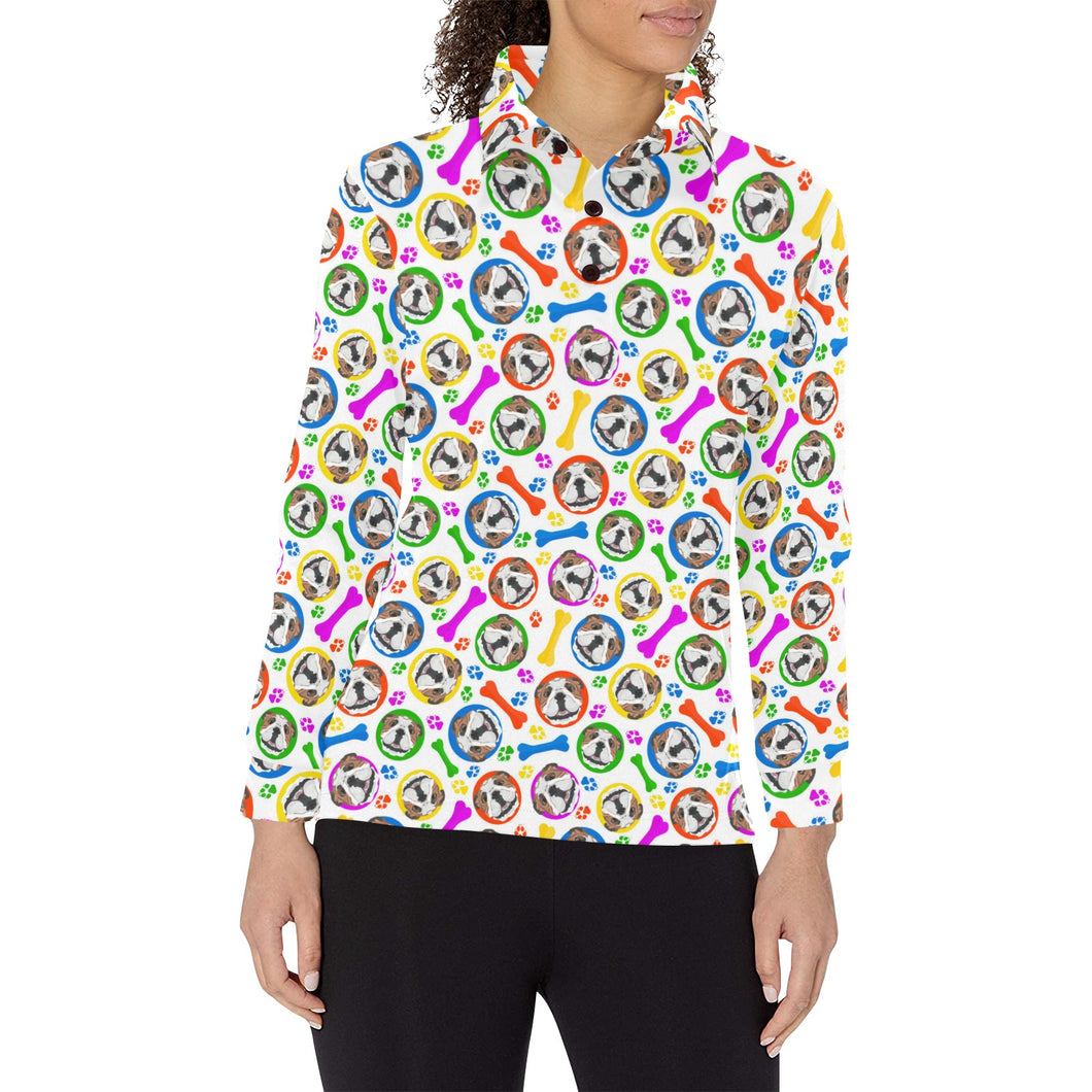 English Bulldog Pattern Print Design 05 Women's Long Sleeve Polo Shirt