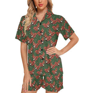 Squirrel Pattern Print Design 03 Women's V-Neck Short Pajama Set