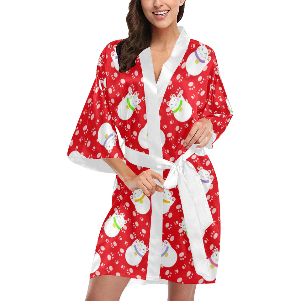Meneki Neko Lucky Cat Pattern Red Background Women's Short Kimono Robe