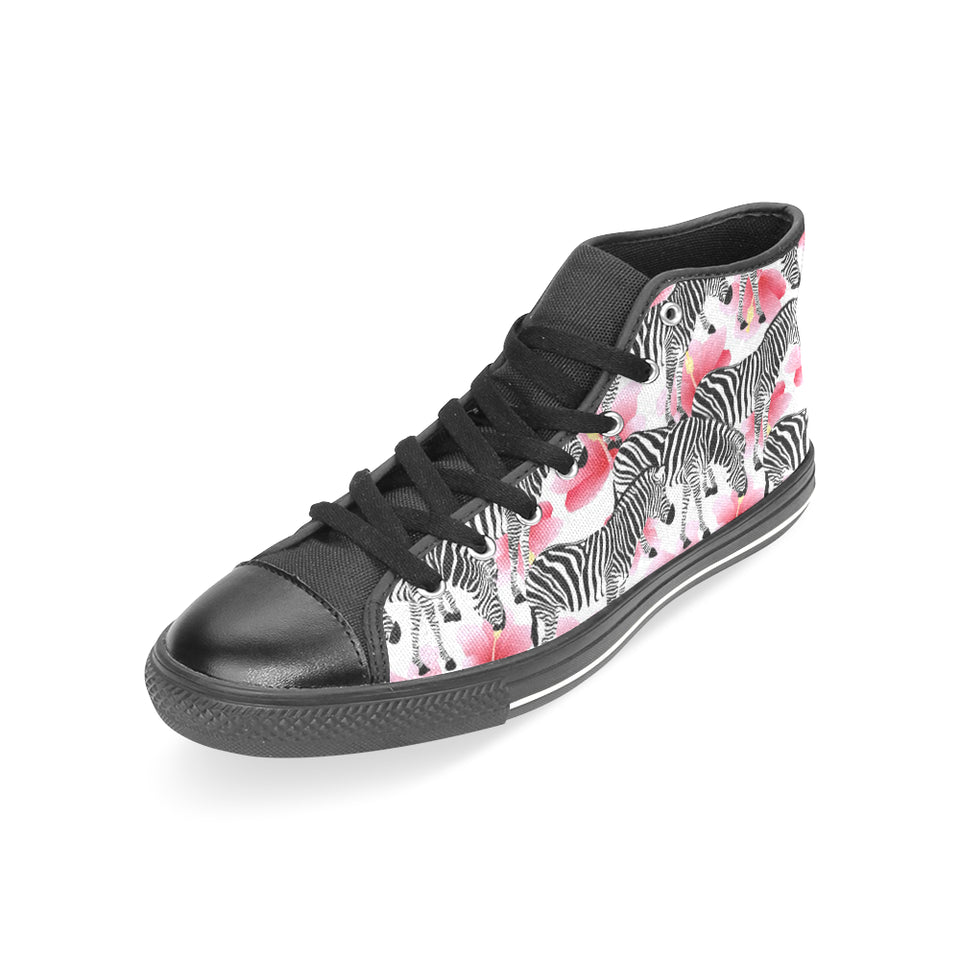 Zebra Red Hibiscus Pattern Women's High Top Canvas Shoes Black