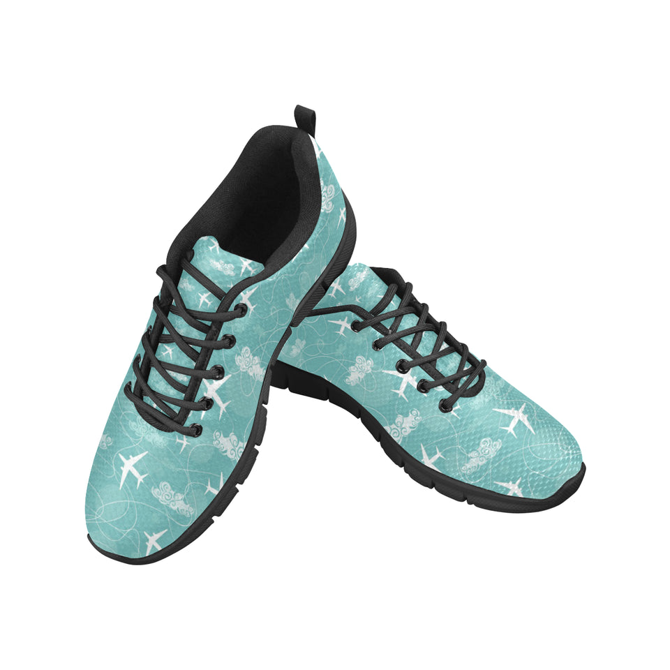 Airplane Cloud Pattern Green Background Men's Sneakers Black