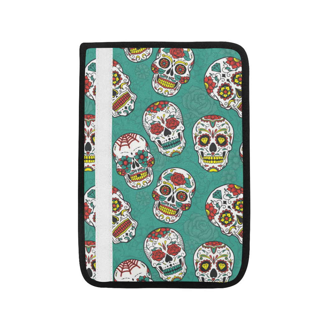 Suger Skull Pattern Green Background Car Seat Belt Cover