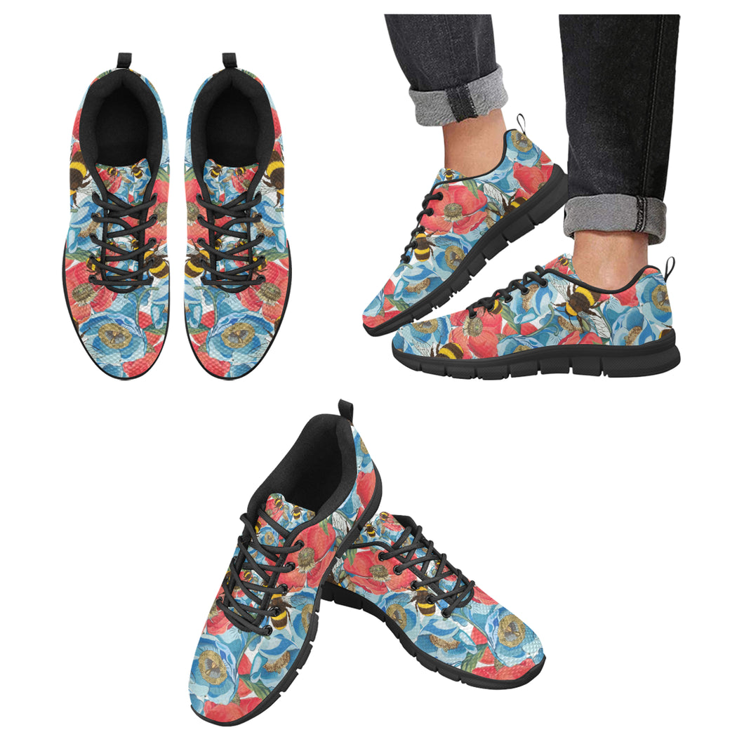 Bee Red and Blue Hibiscus Pattern Men's Sneakers Black