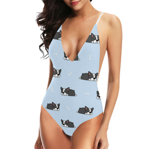 Sleep Boston Terrier Bone Pattern Women's One-Piece Swimsuit