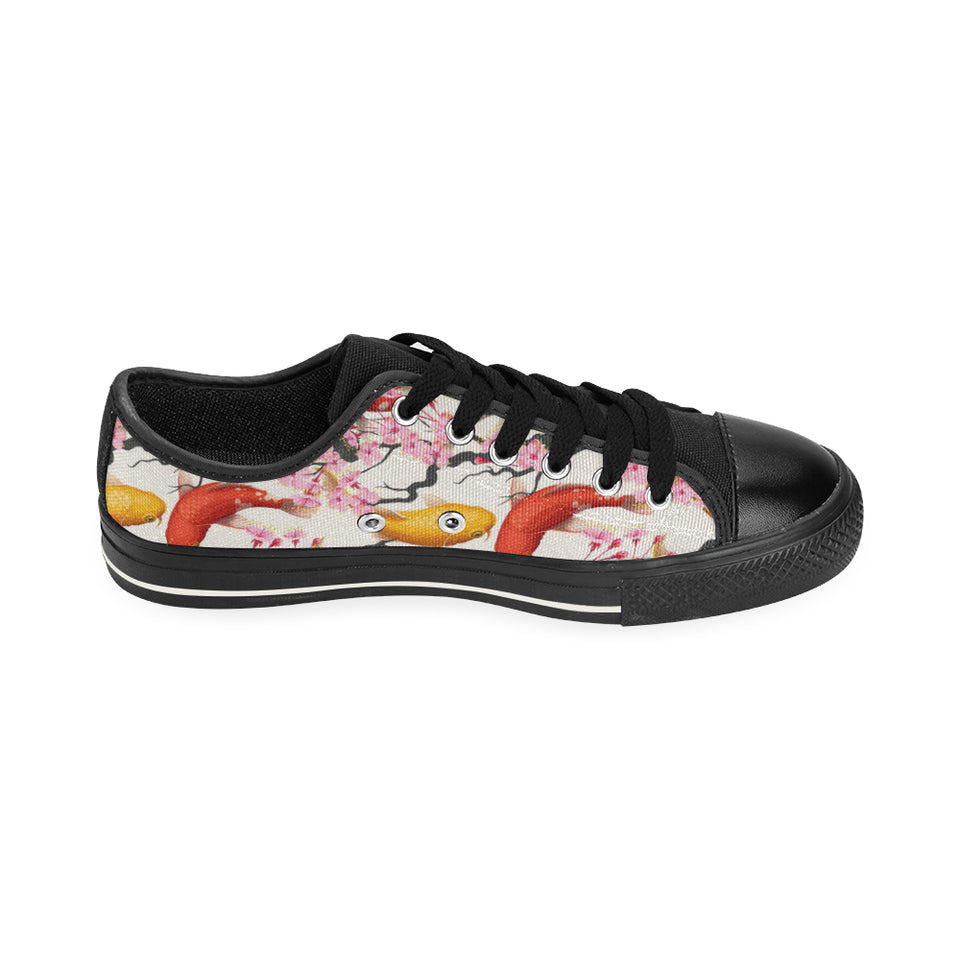 Colorful Koi Fish Carp Fish and Sakura Pattern Men's Low Top Canvas Shoes Black