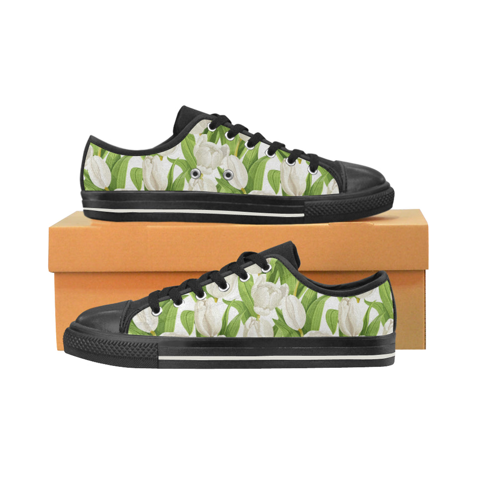 White Tulip Pattern Men's Low Top Canvas Shoes Black