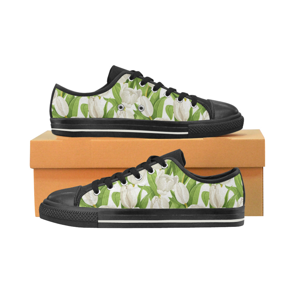 White Tulip Pattern Men's Low Top Canvas Shoes Black