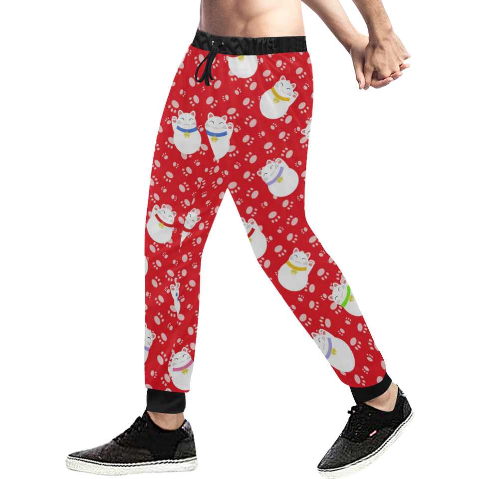 Meneki Neko Lucky Cat Pattern Red Background Unisex Casual Sweatpants