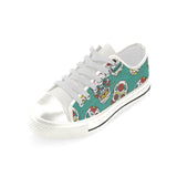 Suger Skull Pattern Green Background Women's Low Top Canvas Shoes White