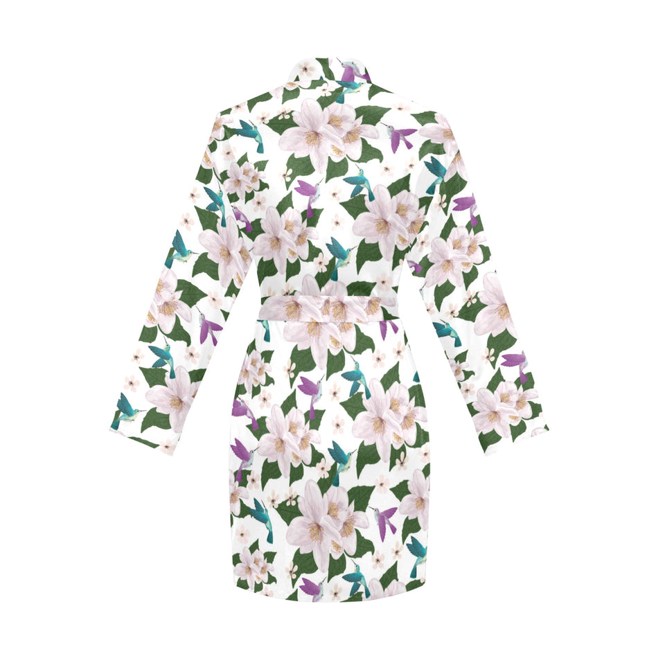 Hummingbird Pattern Print Design 01 Women's Long Sleeve Belted Night Robe