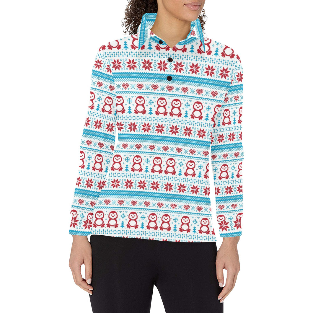 Penguin Sweater Printed Pattern Women's Long Sleeve Polo Shirt