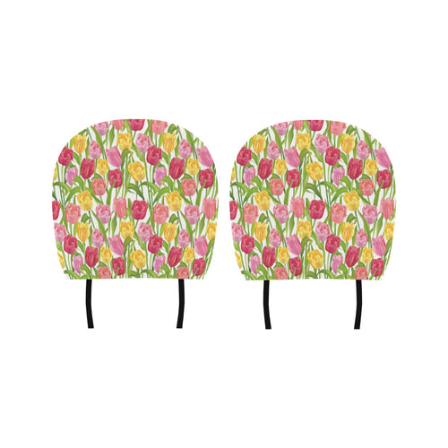 Pink Red Yellow Tulip Pattern Car Headrest Cover