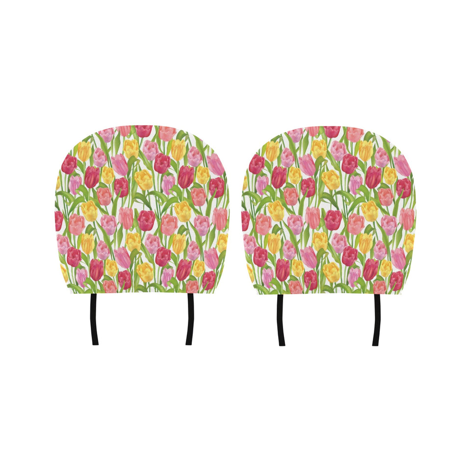 Pink Red Yellow Tulip Pattern Car Headrest Cover