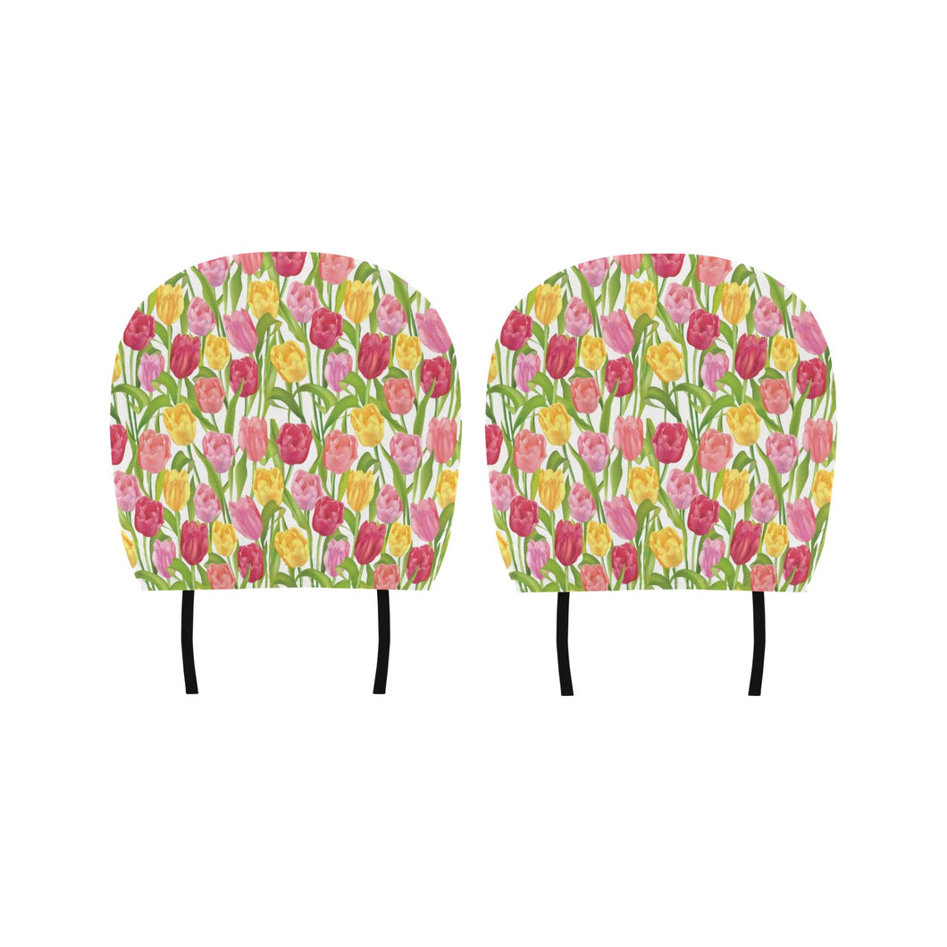 Pink Red Yellow Tulip Pattern Car Headrest Cover