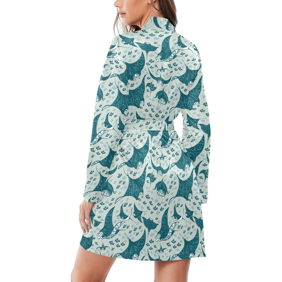 Stingray Pattern Print Design 01 Women's Long Sleeve Belted Night Robe