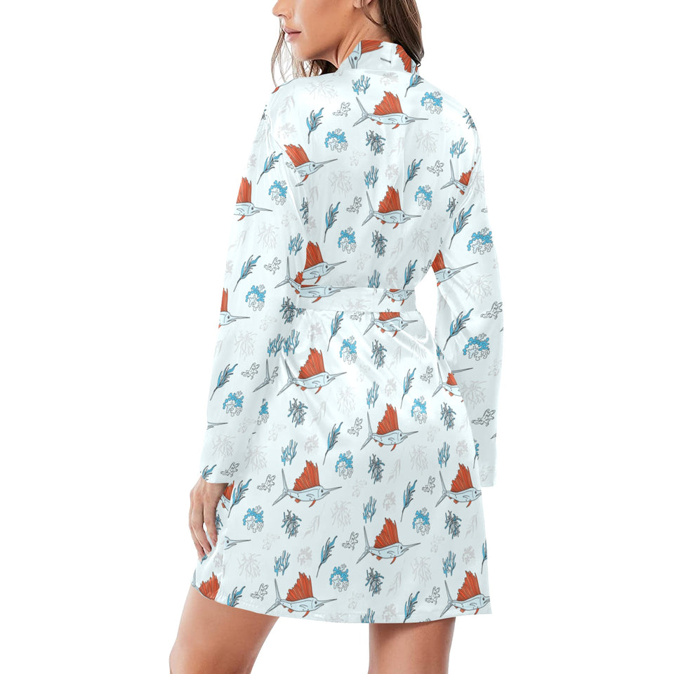 Swordfish Pattern Print Design 03 Women's Long Sleeve Belted Night Robe