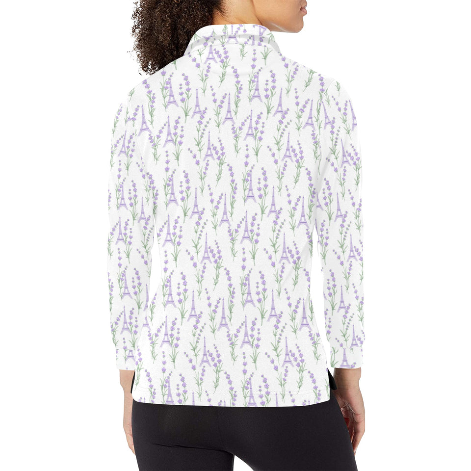 Eiffel Tower Lavender Pattern Print Design 01 Women's Long Sleeve Polo Shirt