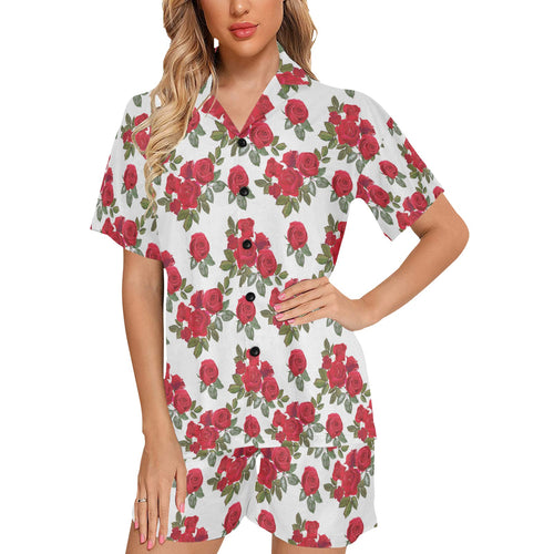 Rose Pattern Print Design 05 Women's V-Neck Short Pajama Set