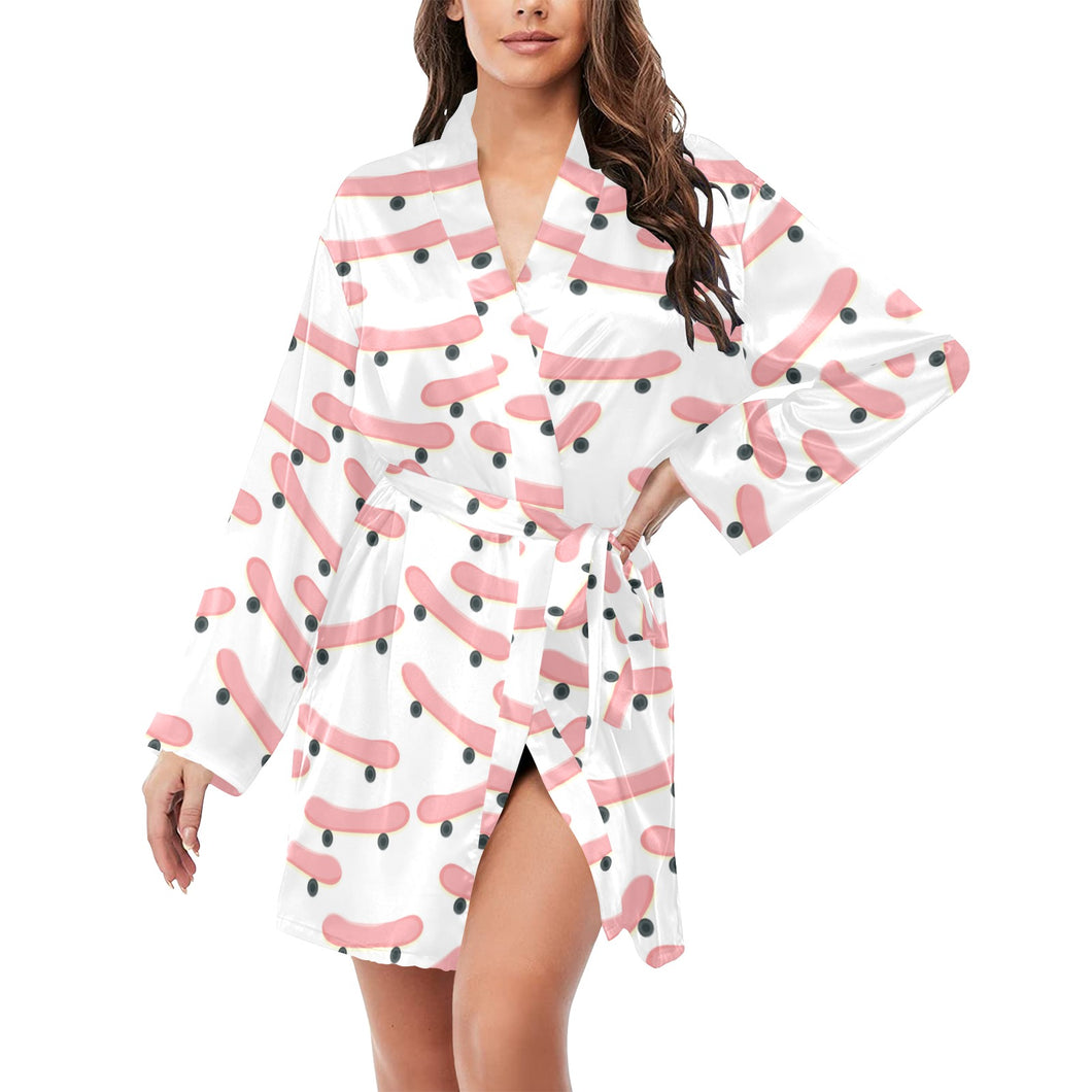 Skate Board Pattern Print Design 05 Women's Long Sleeve Belted Night Robe