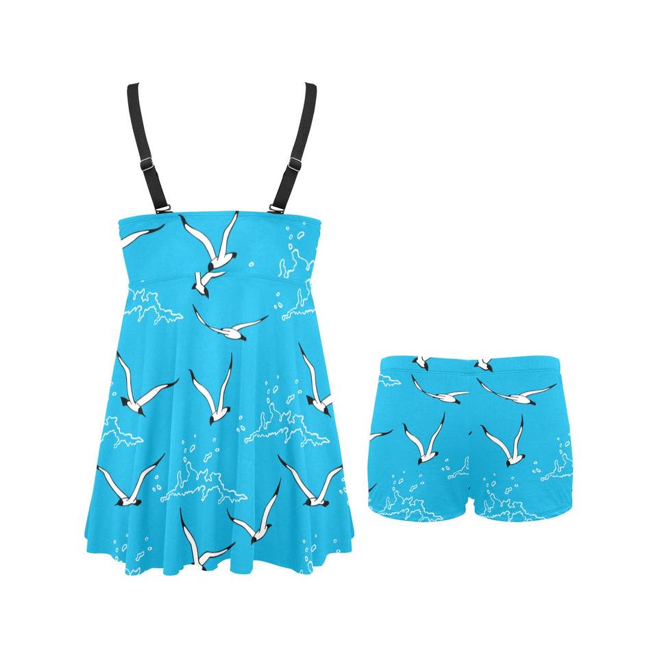 Seagull Pattern Print Design 05 Chest Sexy Pleated Two Piece Swim Dress