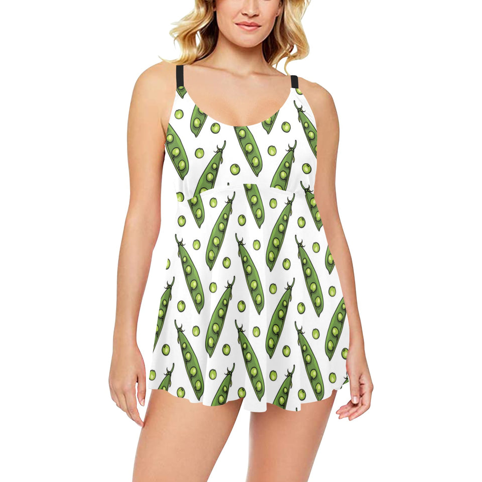 Green Peas Pattern Print Design 03 Chest Sexy Pleated Two Piece Swim Dress