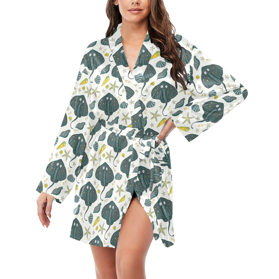 Stingray Pattern Print Design 03 Women's Long Sleeve Belted Night Robe