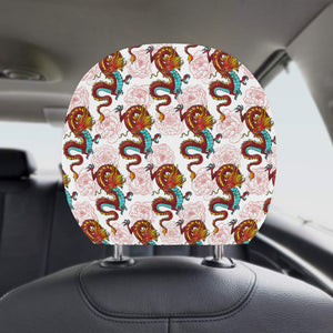 Red Dragon Hibiscus Pattern Car Headrest Cover