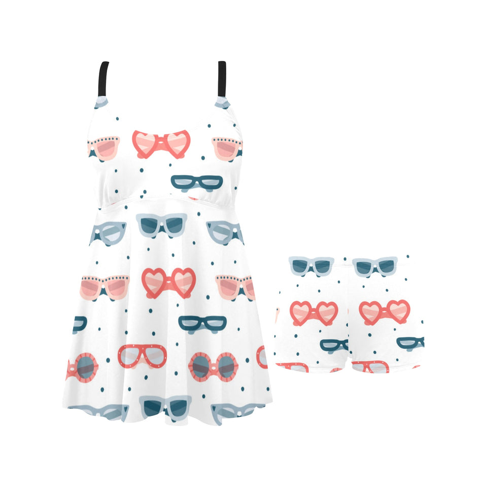 Sun Glasses Pattern Print Design 02 Chest Sexy Pleated Two Piece Swim Dress