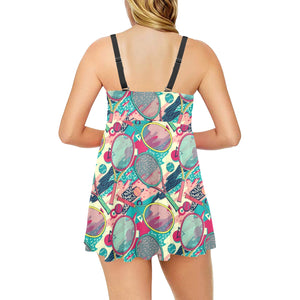 Tennis Pattern Print Design 01 Chest Sexy Pleated Two Piece Swim Dress