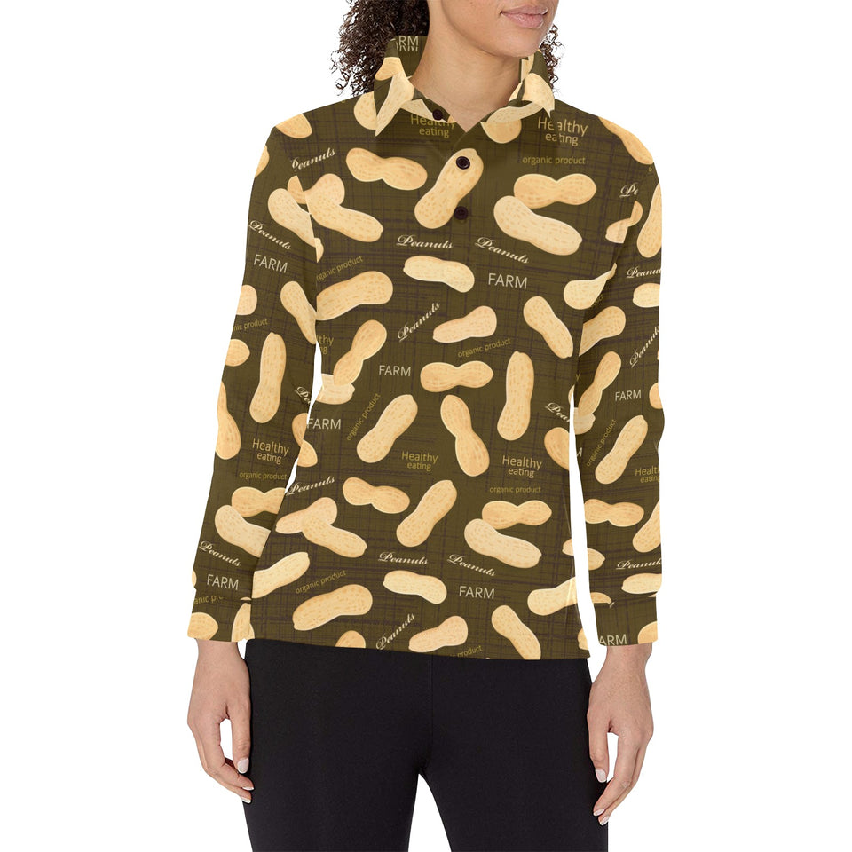 Peanut Pattern Green Background Women's Long Sleeve Polo Shirt