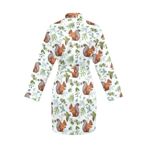 Squirrel Pattern Print Design 02 Women's Long Sleeve Belted Night Robe