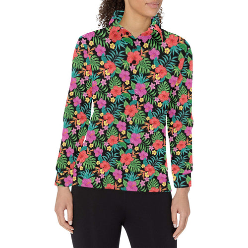 Hibiscus Pattern Print Design 01 Women's Long Sleeve Polo Shirt