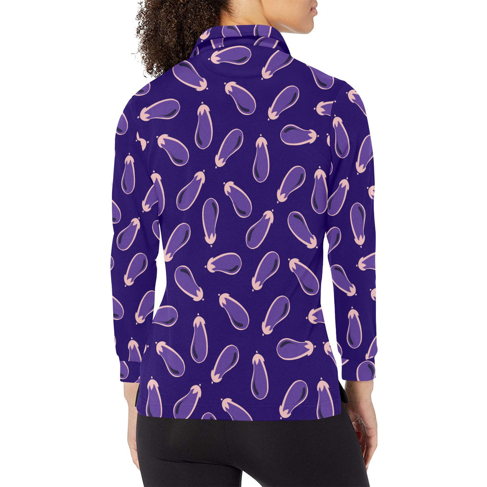 Eggplant Pattern Print Design 02 Women's Long Sleeve Polo Shirt