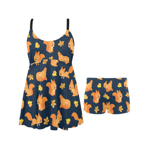 Squirrel Pattern Print Design 05 Chest Sexy Pleated Two Piece Swim Dress