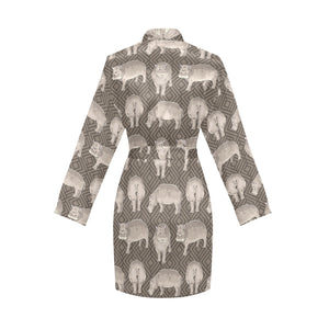 Hippopotamus Pattern Print Design 04 Women's Long Sleeve Belted Night Robe