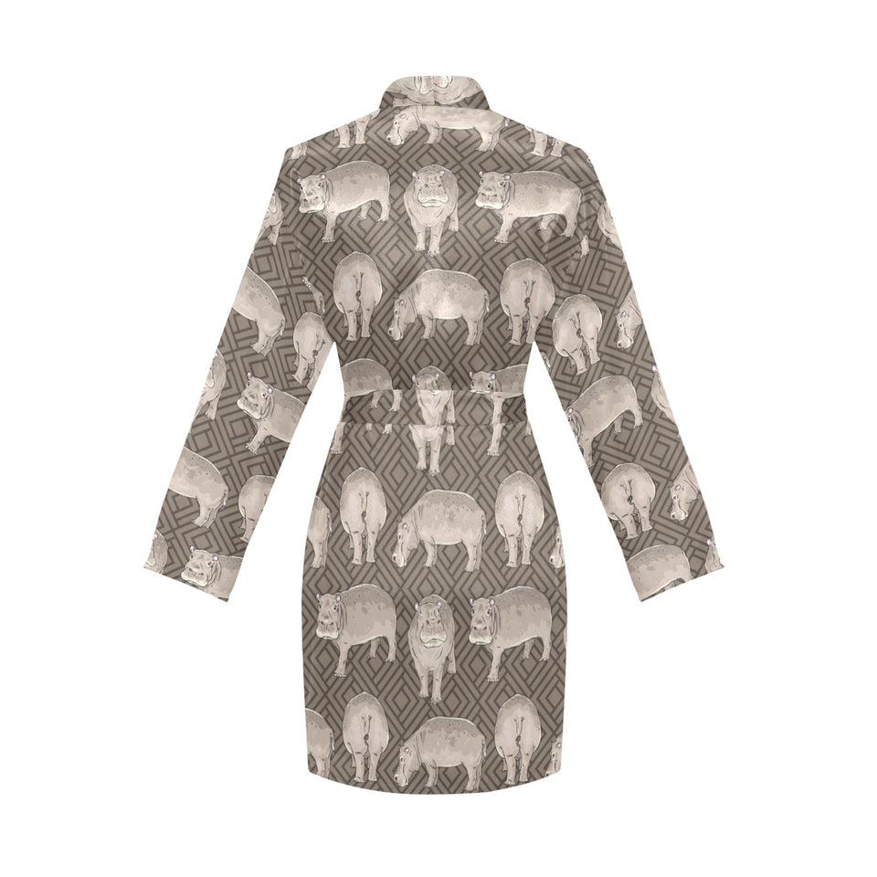 Hippopotamus Pattern Print Design 04 Women's Long Sleeve Belted Night Robe