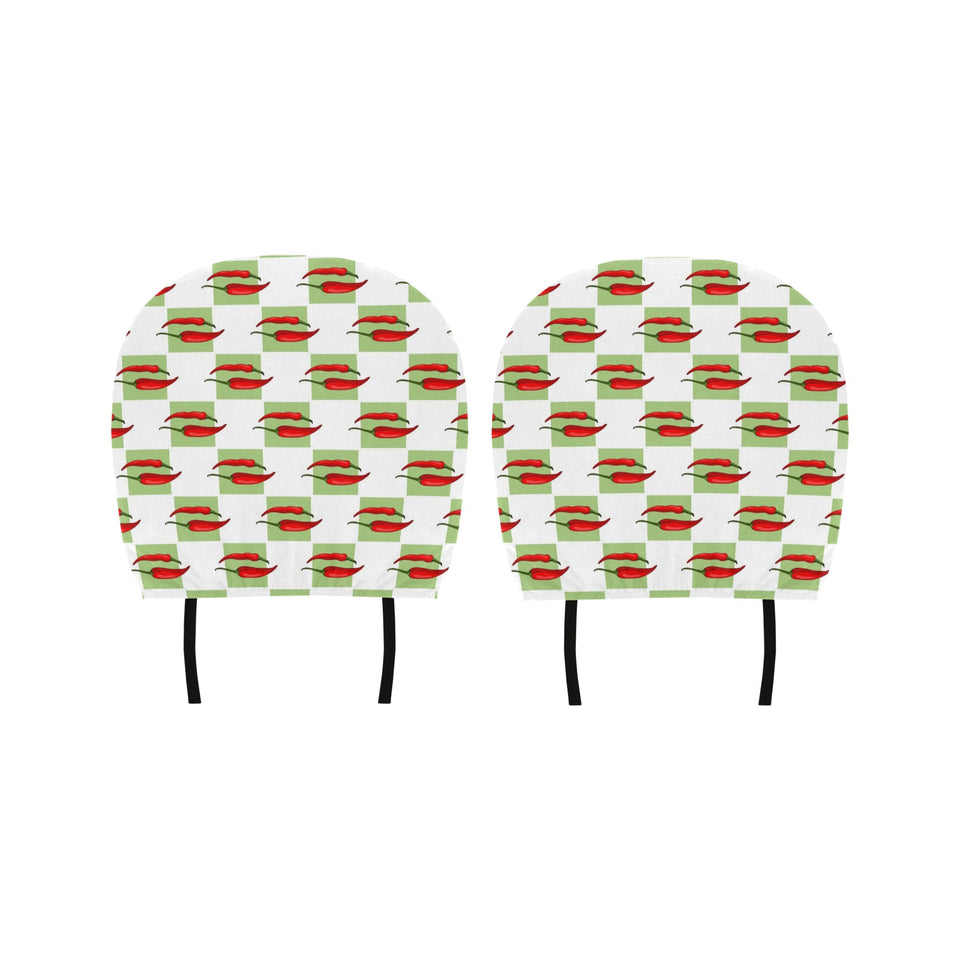 Red Chili Pattern Green White background Car Headrest Cover