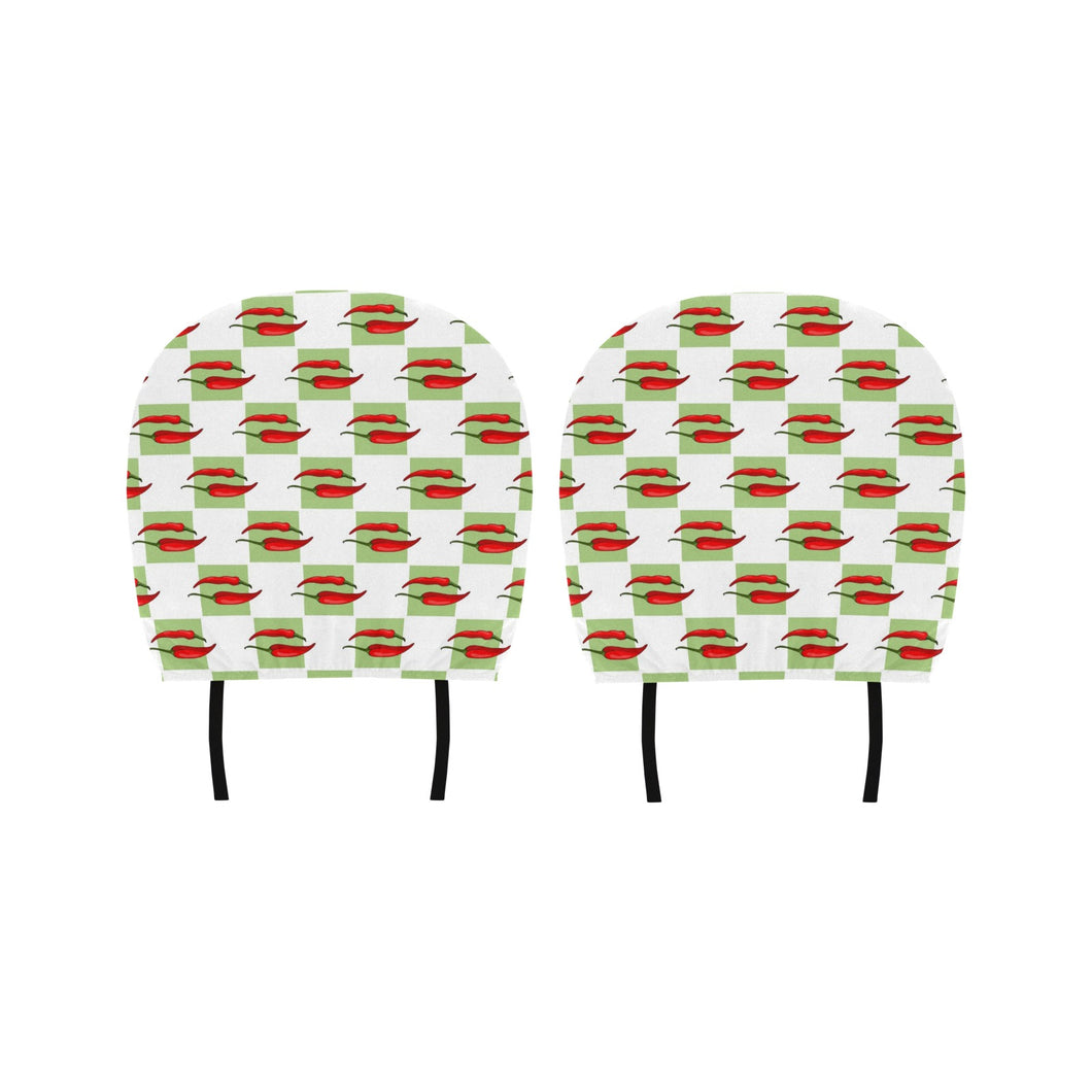 Red Chili Pattern Green White background Car Headrest Cover