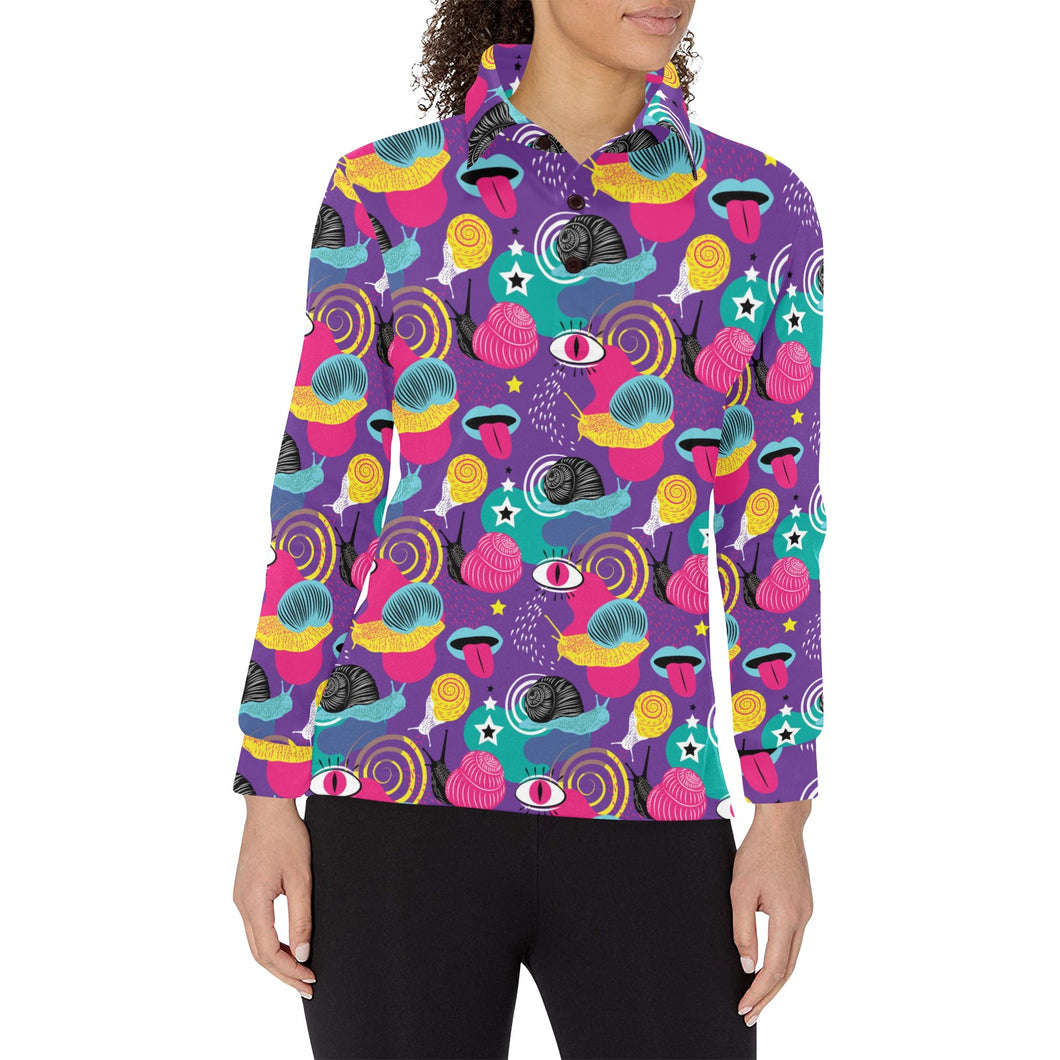 Snail Pattern Print Design 02 Women's Long Sleeve Polo Shirt