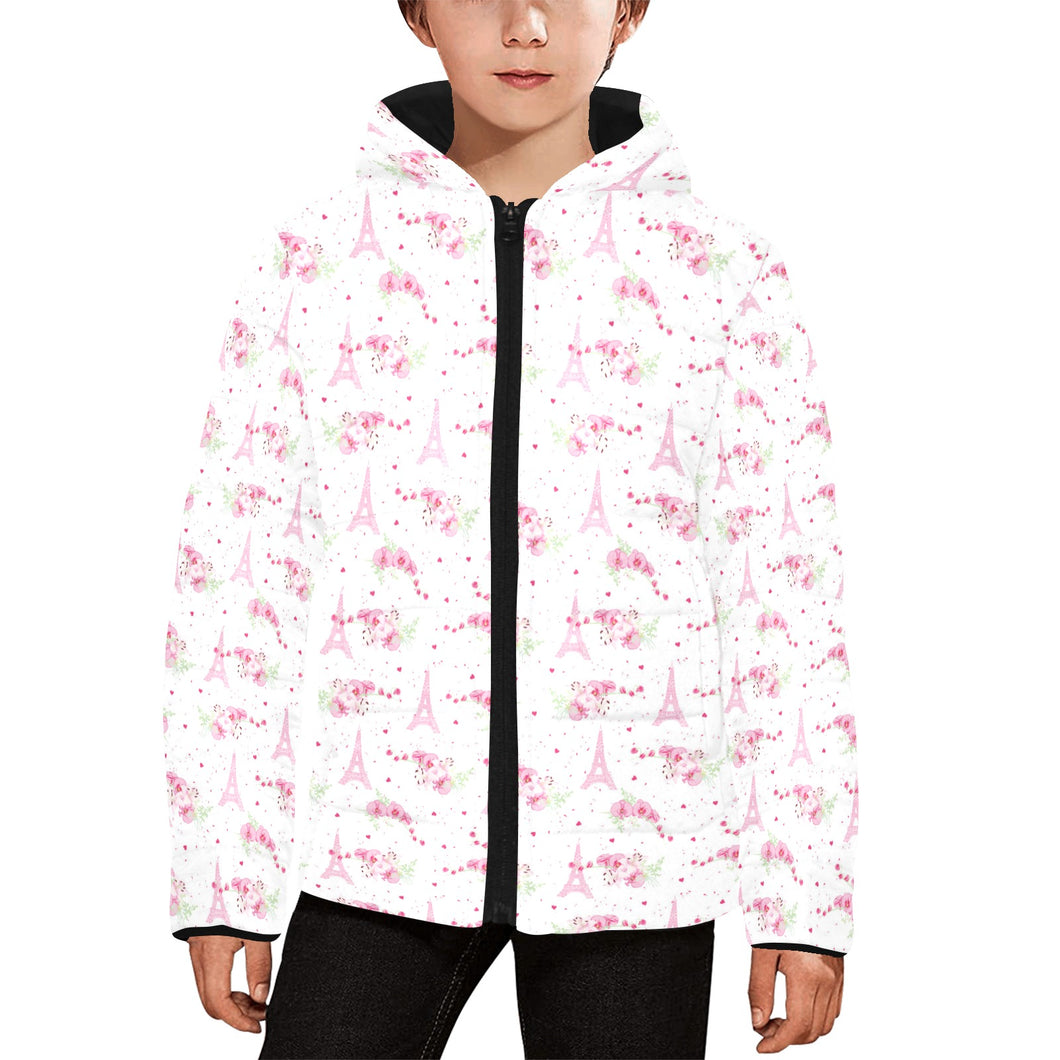 Eiffel Tower Pink Theme Pattern Print Design 05 Kids' Boys' Girls' Padded Hooded Jacket