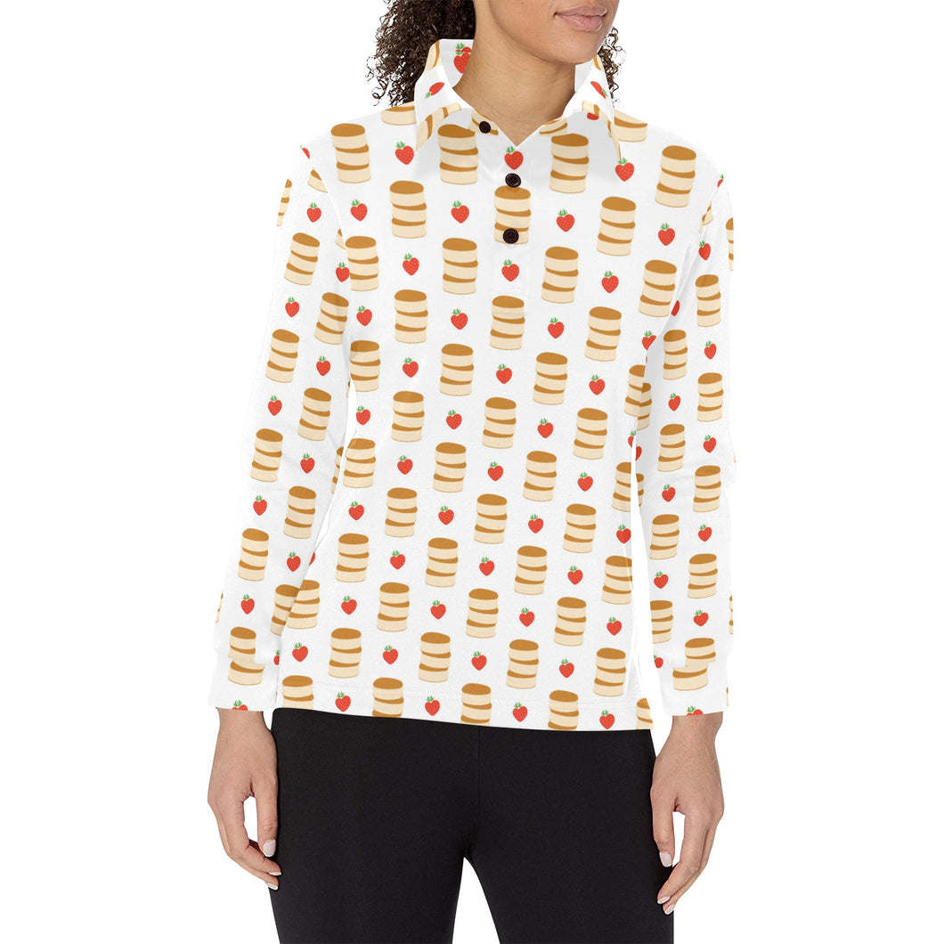 Pancake Pattern Print Design 02 Women's Long Sleeve Polo Shirt