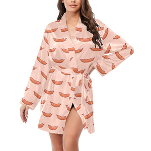 Sausage Pattern Print Design 01 Women's Long Sleeve Belted Night Robe