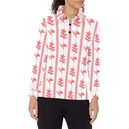 Heliconia Pink White Pattern Women's Long Sleeve Polo Shirt