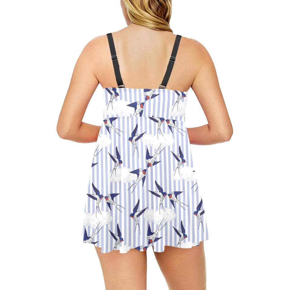 Swallow Pattern Print Design 03 Chest Sexy Pleated Two Piece Swim Dress