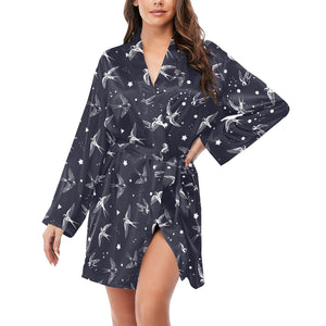 Swallow Pattern Print Design 02 Women's Long Sleeve Belted Night Robe