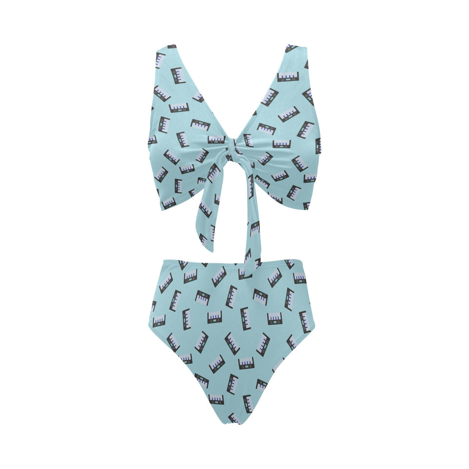 Piano Pattern Print Design 05 Chest Bowknot High Waisted Bikini Swimsuit