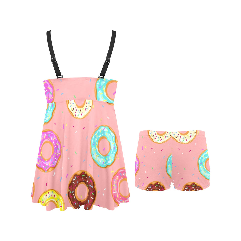 Donut Pattern Pink Background Chest Sexy Pleated Two Piece Swim Dress