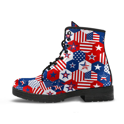 USA Star Hexagon Pattern Leather Boots