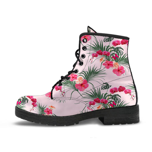 Red Pink Orchid Hibiscus Pattern Leather Boots