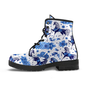 Horse Flower Blue Theme Pattern Leather Boots